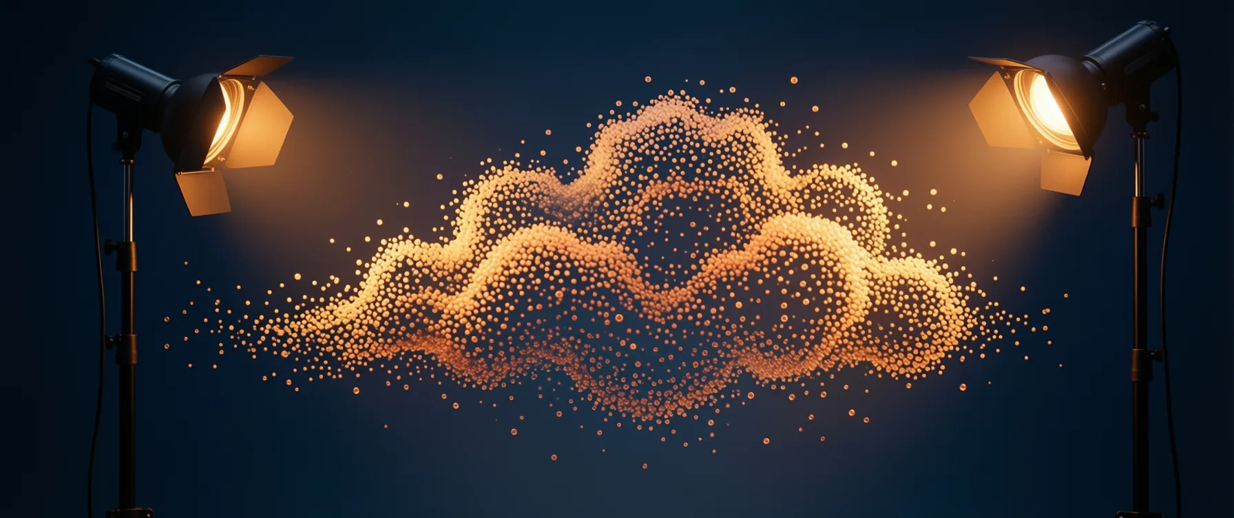 Illustration of a film frame forming out of drifting particles under a studio lamp